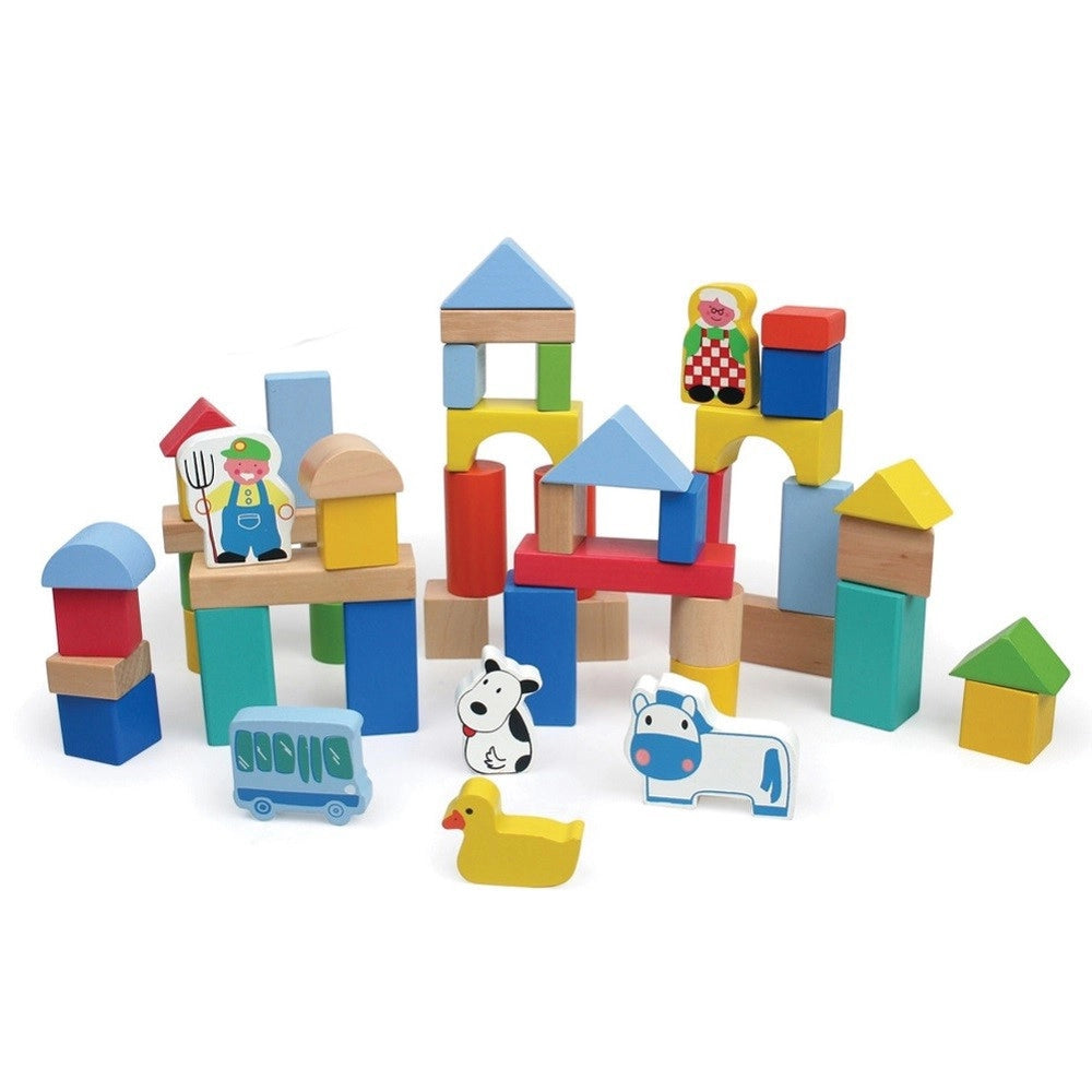 Trade Shop - Costruzioni In Legno 50pz Blocchi Mattoncini Costruzione Bambini Con Contenitore -
