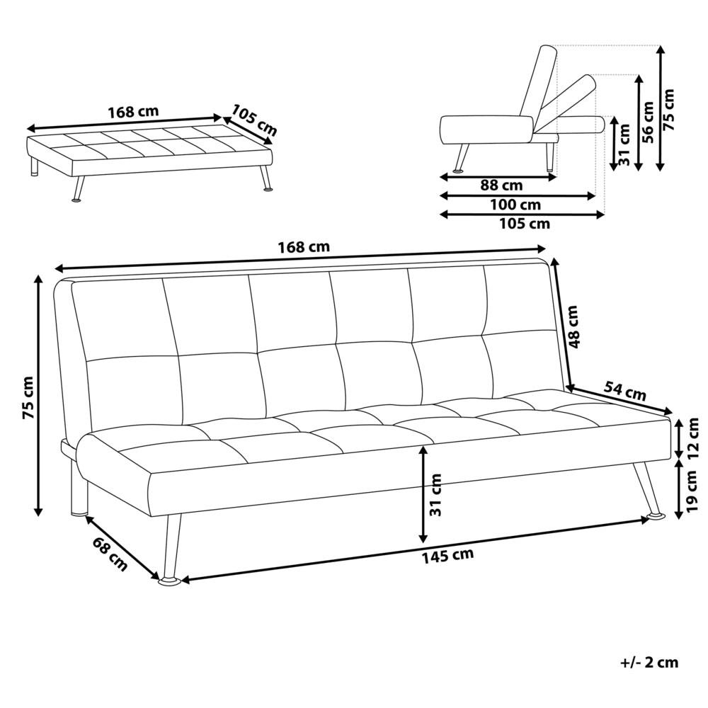 Divano Letto Grigio A 3 Posti Imbottito Trapuntato Gambe In Metallo Click Clack