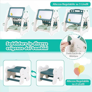 Cavalletto Artistico per Bambini con Sgabello, Lavagna Magnetica a Secco a Doppia Faccia 3 in 1 con Scrivania, Scaffale per Libri, Sgabello (Verde+ Bianco)