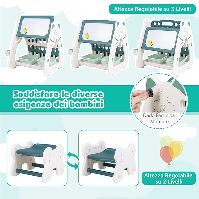 Cavalletto Artistico per Bambini con Sgabello, Lavagna Magnetica a Secco a Doppia Faccia 3 in 1 con Scrivania, Scaffale per Libri, Sgabello (Verde+ Bianco)