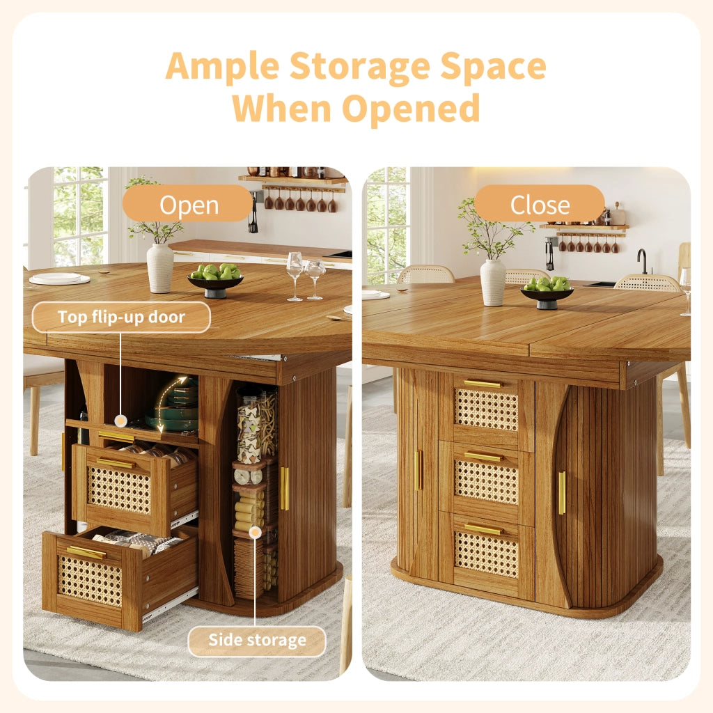 Tavolo da pranzo allungabile con cassetti in effetto rattan e spazio contenitore, per cucina e sala da pranzo, in MDF, rovere