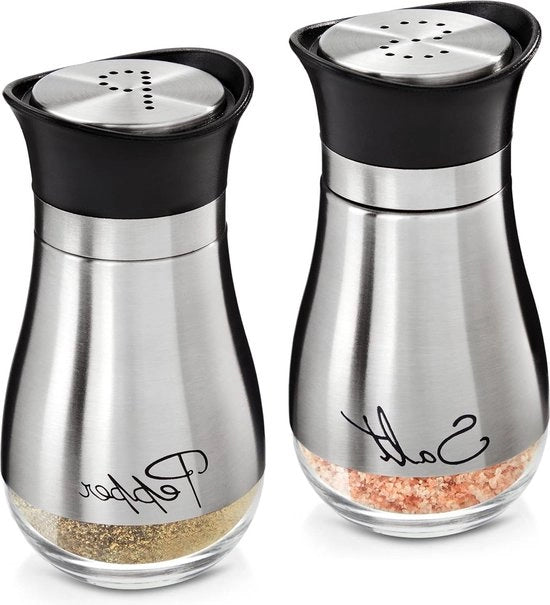 Set di sale e pepe - Vetro e acciaio inox - Etichetta Salt - Struzzo per sale e pepe