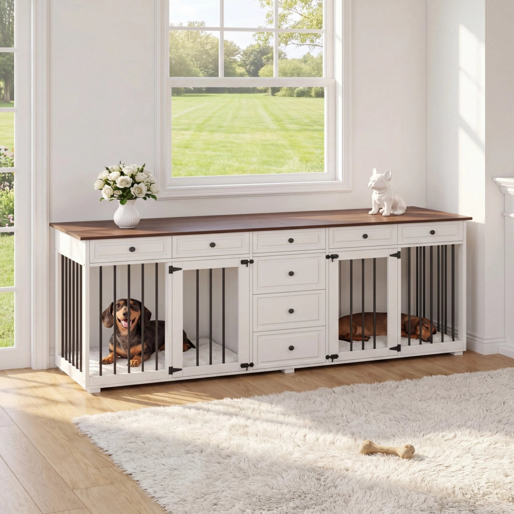 Mobiliario per cani da interno con 8 cassetti, struttura in MDF e metallo, 200 x 60 x 85 cm, bianco e piano noce