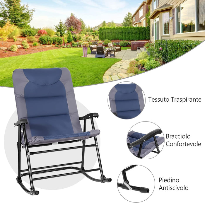Set di 3 Sedie a Dondolo e Tavolino da Esterno, Sedie e Tavolino Pieghevoli in Vetro e Acciaio, Ideale per Balcone, Giardino e Cortile (Blu)