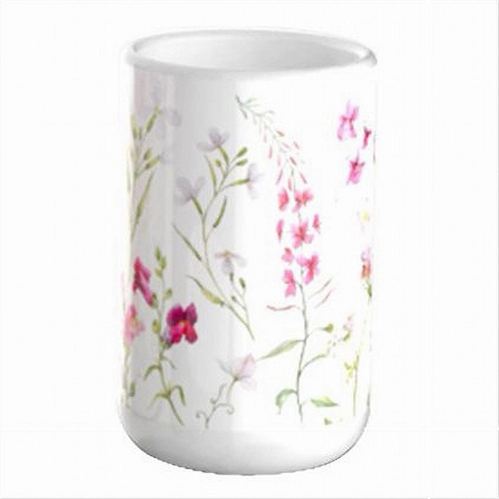 Trade Shop - Bicchiere Porta Spazzolino Bianco Con Fiori In Ceramica Accessorio Bagno 69918 -