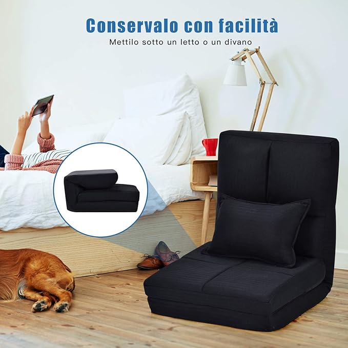 Sedia Pieghevole da Pavimento Portatile, 5 Angoli Regolabile, Cuscino da Seduta con Cuscino per la Schiena, Ideale per Soggiorno Camera da Letto (Nero)