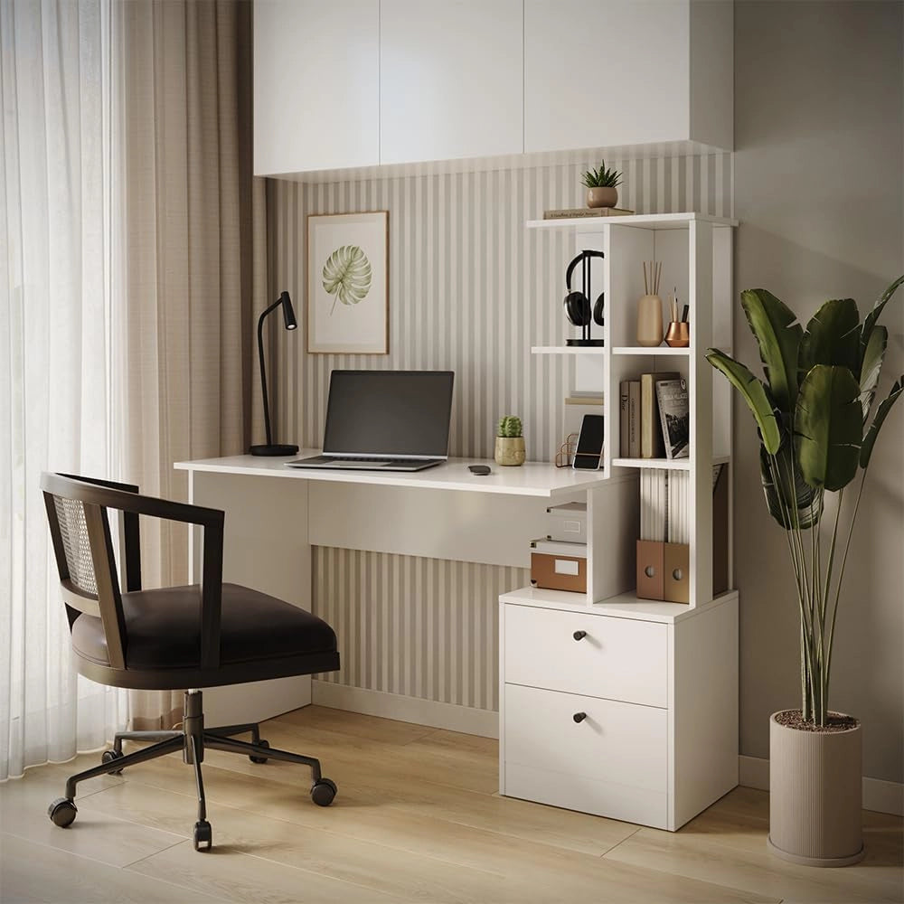 Scrivania Denton, Bianco, 136 x 55 cm, con vani aperti per l'organizzazione del materiale di lavoro