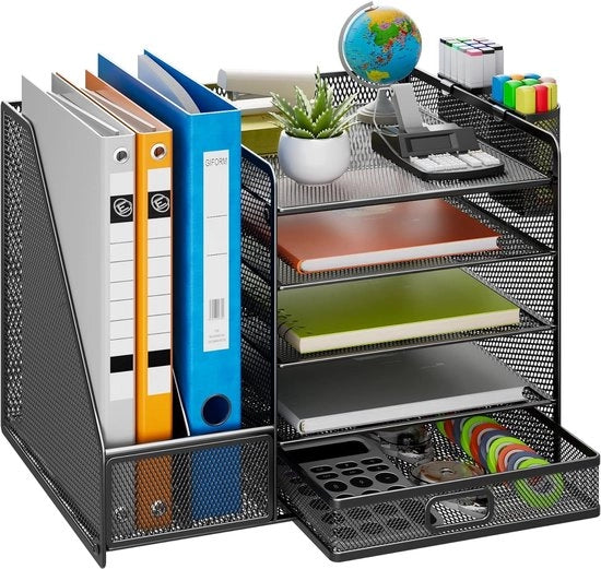 Organizzatore di scrivania a rete con supporto verticale per documenti, contenitore a 5 livelli per carta con cassetta e 2 contenitori per penne, organizzatore di scrivania con supporto per riviste per articoli da ufficio