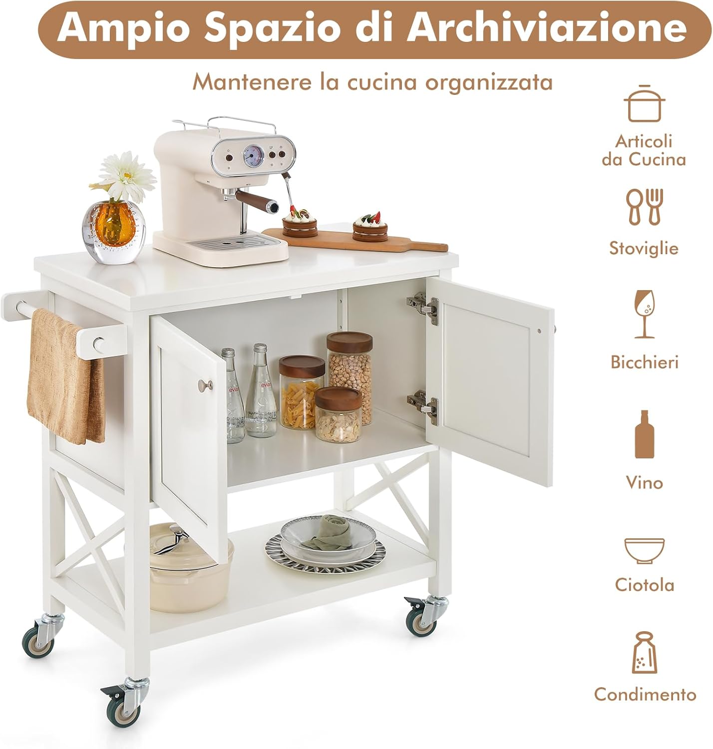 Carrello da Cucina con Armadietto Portaoggetti, Isola da Cucina Carrello Rotante con Porta Asciugamani e Porta Spezie, Piano in Legno, Tavolo Mobile per Cucina Bar
