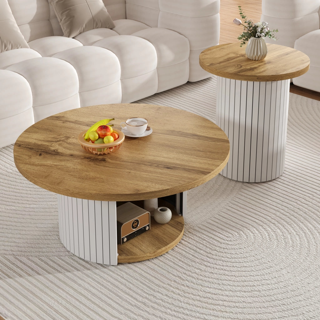Tavolini da caffè rotondi ad incastro con ripiano; Stile Scandinavo; in MDF; Naturale; 75×75×50 cm + 45×45×35 cm