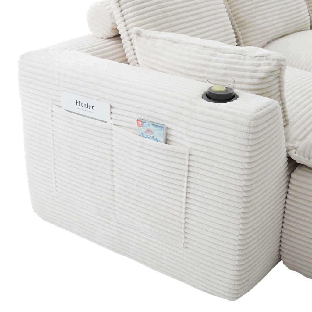 Divano modulare a 3 posti con pouf; tasche laterali; in corduroy beige 256x161x75 cm