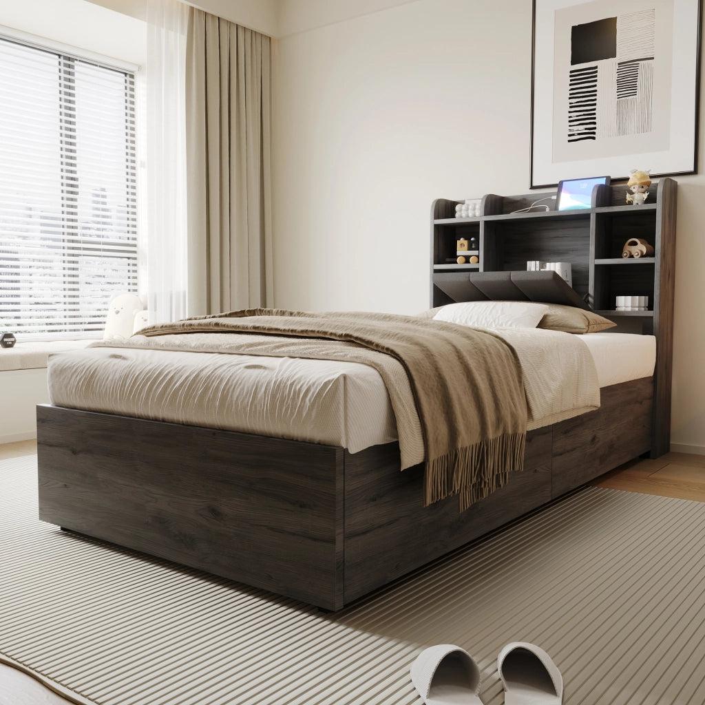 OKWISH Letto contenitore 90×200 cm, Letto Singolo con Contenitore idraulico, USB, Tipo C e Vani, senza Materasso, MDF, Grigio