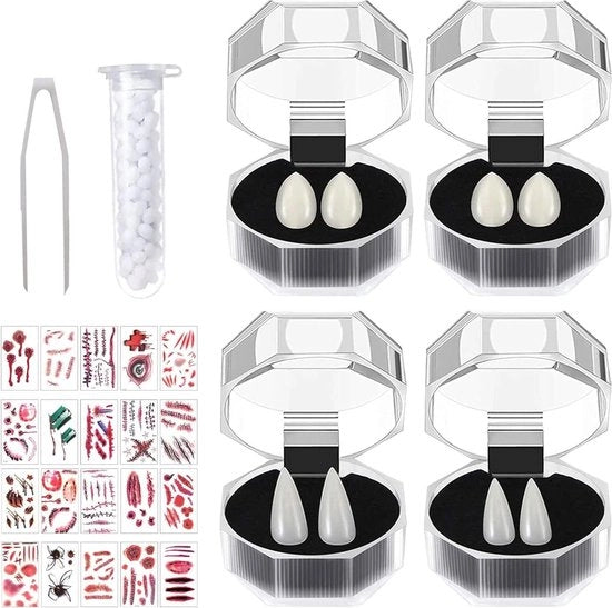 Set di denti da vampiro 4 pezzi cosplay: 4 misure personalizzate di denti da vampiro con 1 tubo di pellet di colla per denti + set di protesi con 20 adesivi per ferite temporanee per carnaval cosplay