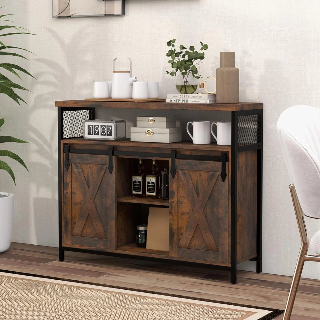 Credenza con ante scorrevoli, credenza con 3 ripiani regolabili, in legno, stile industriale per sala da pranzo, corridoio, 100 x 30 x 80 cm