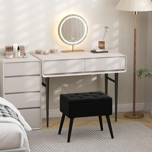 Sgabello da Toeletta con Contenitore, Pouf in Velluto con Gambe in Legno Massello & Seduta Imbottita per Cambio Scarpe, Poggiapiedi Moderno per Camera da Trucco, Ingresso (Nero)