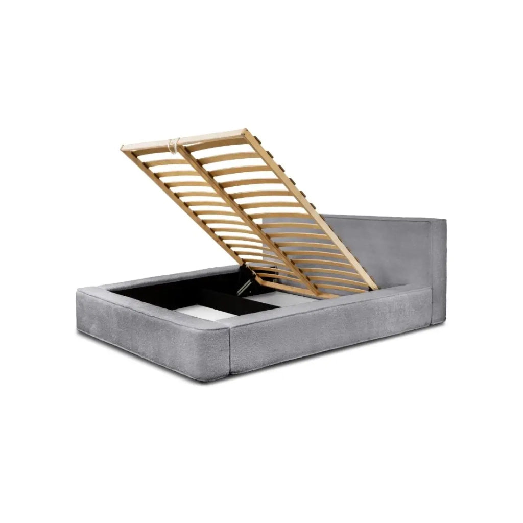 Lettino contenitore VELORA – Grigio perla bouclé – 140x200 cm – Tessuto velluto morbido – Rete sollevabile – Contenitore integrato