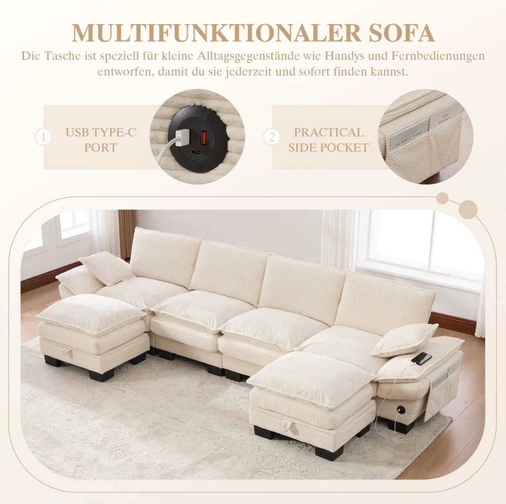 Divano modulare 4 posti in corduroy beige con 2 pouf; USB-C e tasche laterali 330 cm