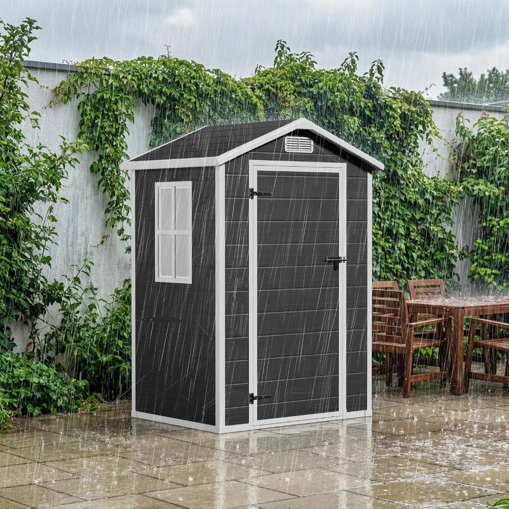 Casetta da Giardino in Resina, Capanno Porta Attrezzi Intemperie con Finestra e Ventilazione, Box Stoccaggio con Serratura per Attrezzi da Giardino, 122 x 92 x 187 cm (Nero)