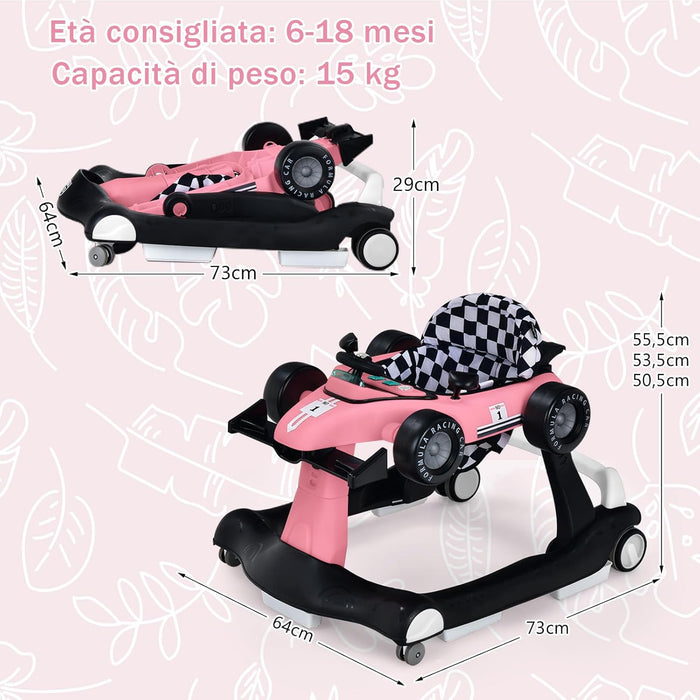 Girello per Bambini 4 in 1, Girello Pieghevole con Altezza e Velocità Regolabili, Carillon con Luci, Volante, Primi Passi per Bambini 6-18 Mesi, Portata 15 kg (Rosa)