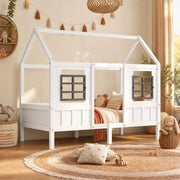 Letto singolo a casetta per bambini con 2 finestre 200x90 cm in legno massello e MDF bianco