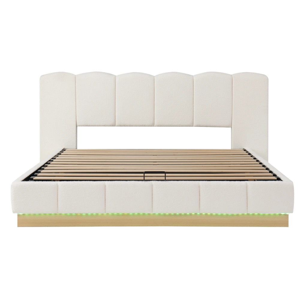 Letto imbottito 180x200 cm con contenitore idraulico e LED in bouclé bianco