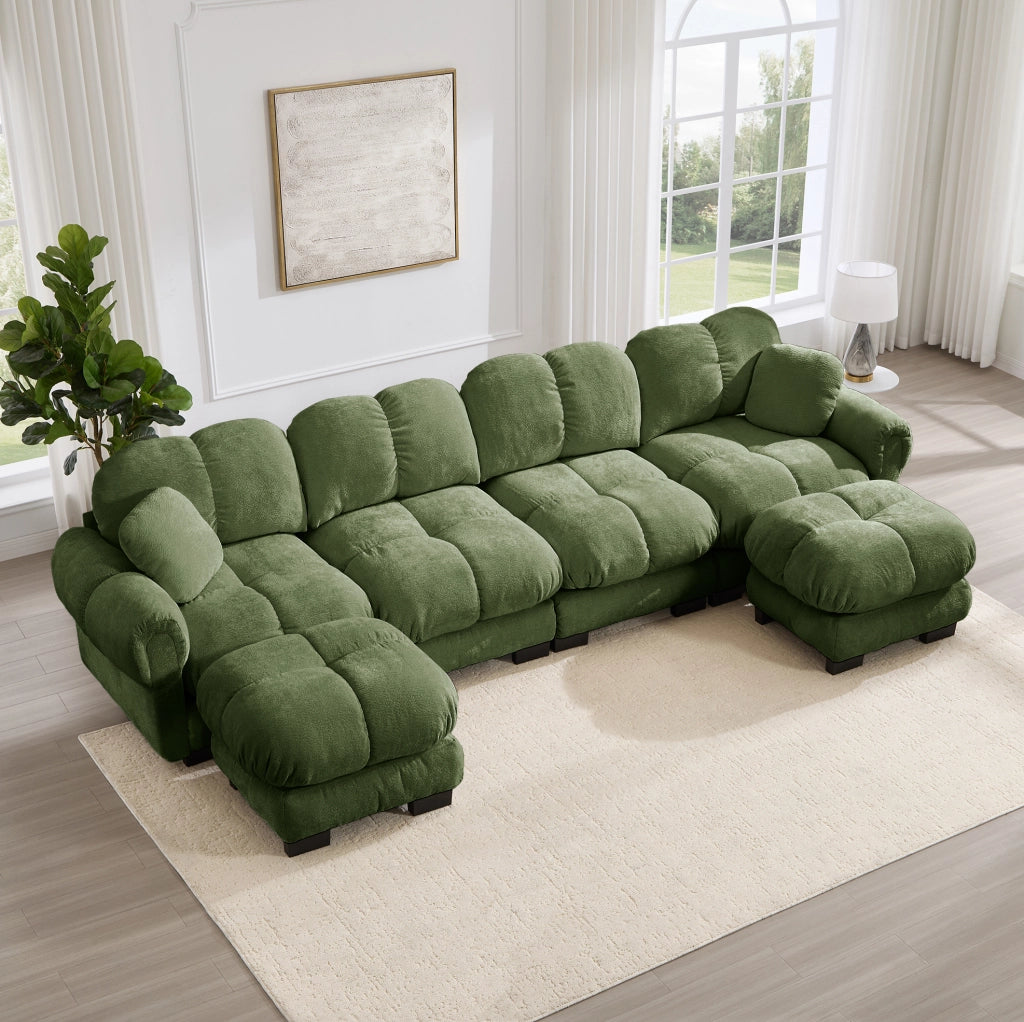 Divano modulare in ciniglia con pouf mobili 330×149×90 cm verde