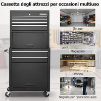 Cassettiera Portautensili a 6 Cassetti, Carrello per Attrezzi con Ruote Bloccabili, con Ripiano rimovibile e Serratura, 61,5 x 33 x 132 cm (Nero)