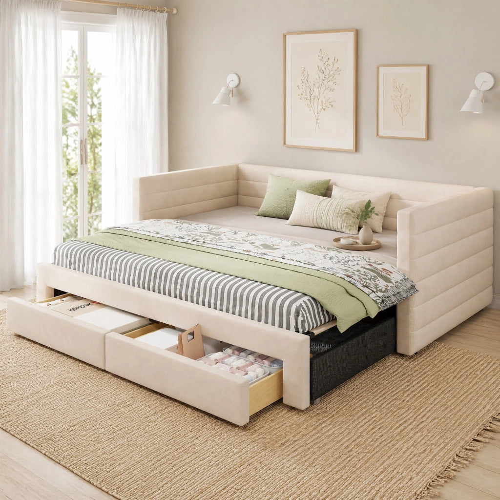 Divano letto imbottito estraibile 3 in 1 90x190 cm beige