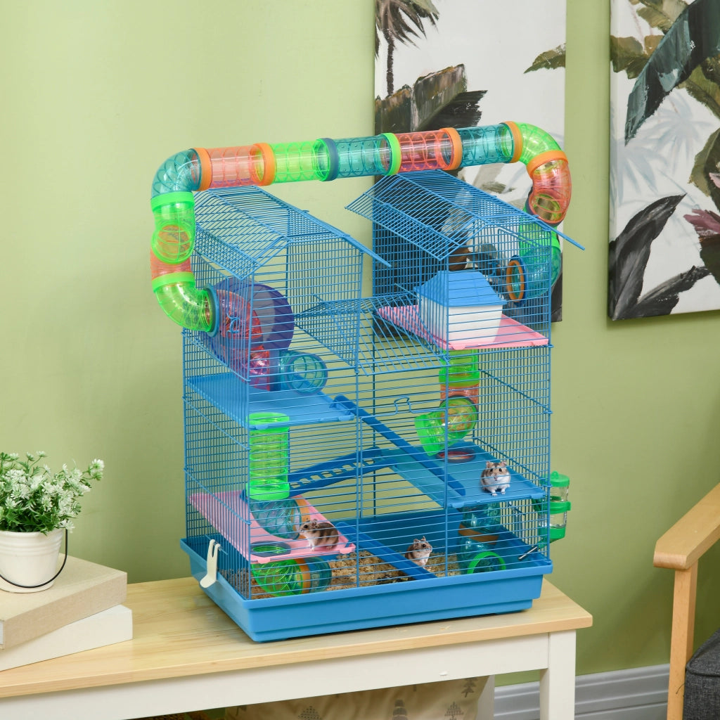 Gabbia per Criceti Multilivello con Tubi, Piattaforme e Accessori ¨C zephmum ¨C Blu 47x30x59 cm