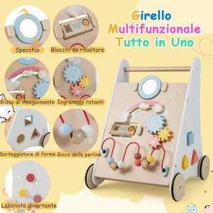 Carrello Primi Passi per Bambini 7 in 1, Girello per Bambini in Legno, con Giochi Educativi, per Bambini 1+ Anno