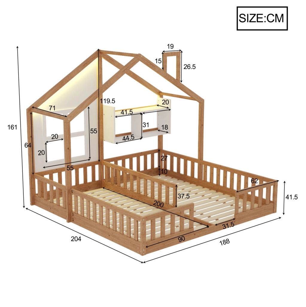 Letto doppio per bambini 2x90x200 cm con LED, ripiani e sponde in legno naturale