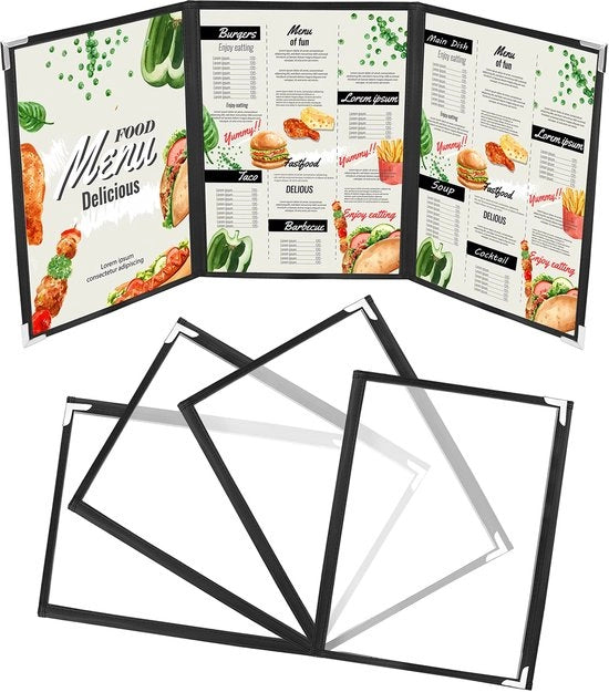 Copricoperte A5 - 5 pezzi - Flessibile - Doppia visibilità - Nero - Protezioni angolari - Dimensioni H23 x L17,5 cm - Supporto menu