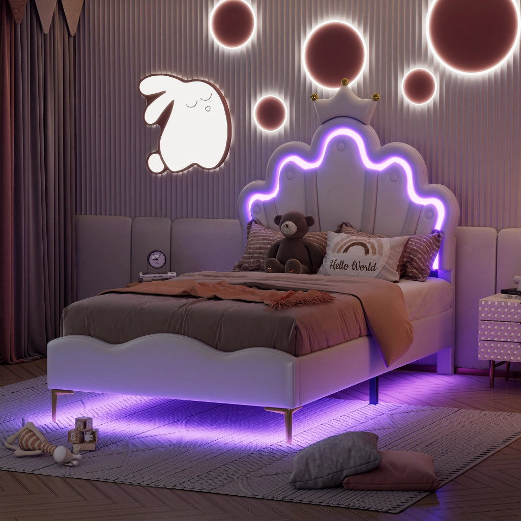 Letto per Bambini 90 x 200 cm; Letto Singolo con LED Regolabile e Testiera Imbottita; senza Materasso; Bianco