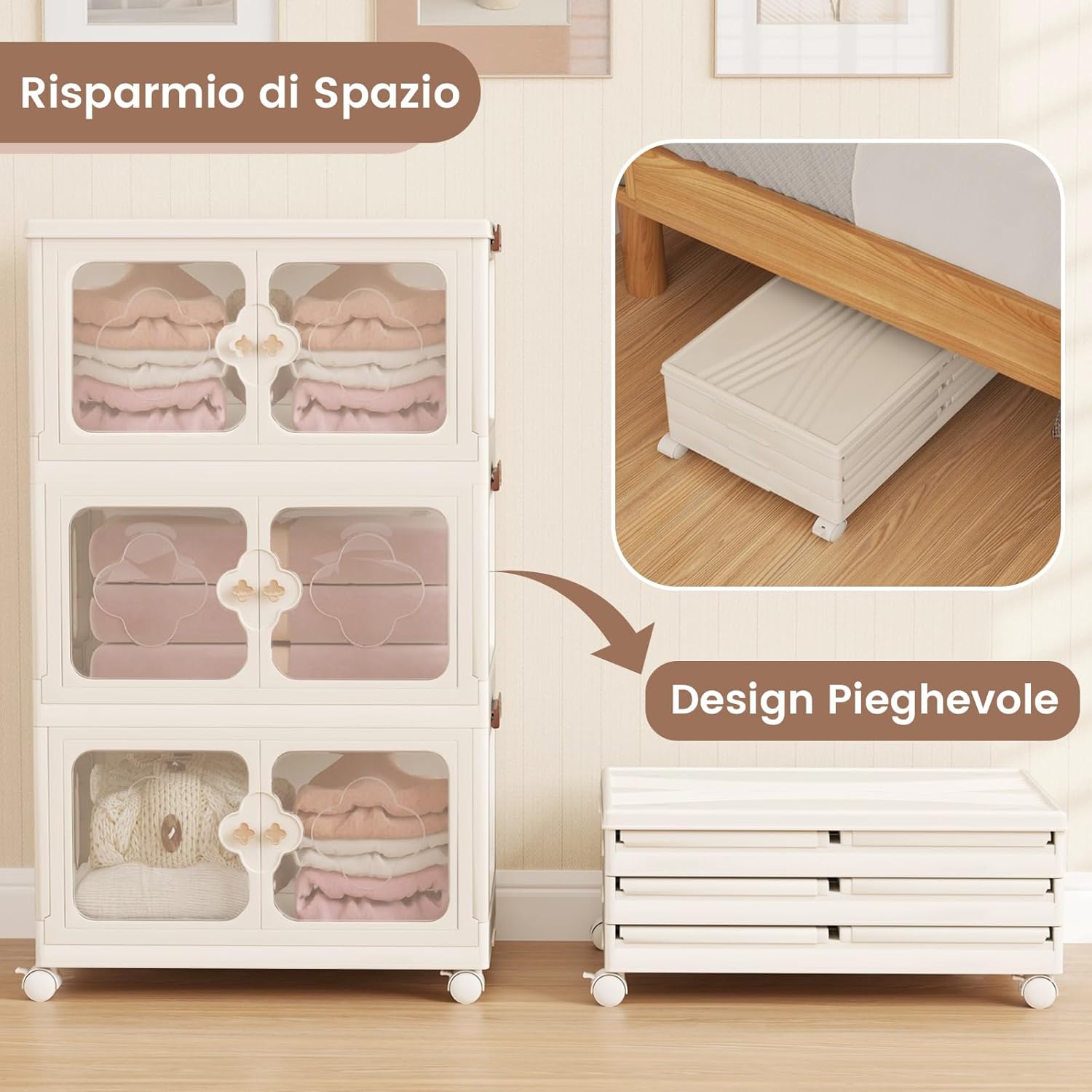 Scatole Immagazzinaggio Impilabili e Pieghevole con Ruote, Armadietto a 3 Ripiani con Ante e Coperchio, Contenitore Trasparente per Camera da Letto e Soggiorno, Bianco (59,5 x 35,5 x 99 cm)