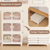 Scatole Immagazzinaggio Impilabili e Pieghevole con Ruote, Armadietto a 3 Ripiani con Ante e Coperchio, Contenitore Trasparente per Camera da Letto e Soggiorno, Bianco (59,5 x 35,5 x 99 cm)
