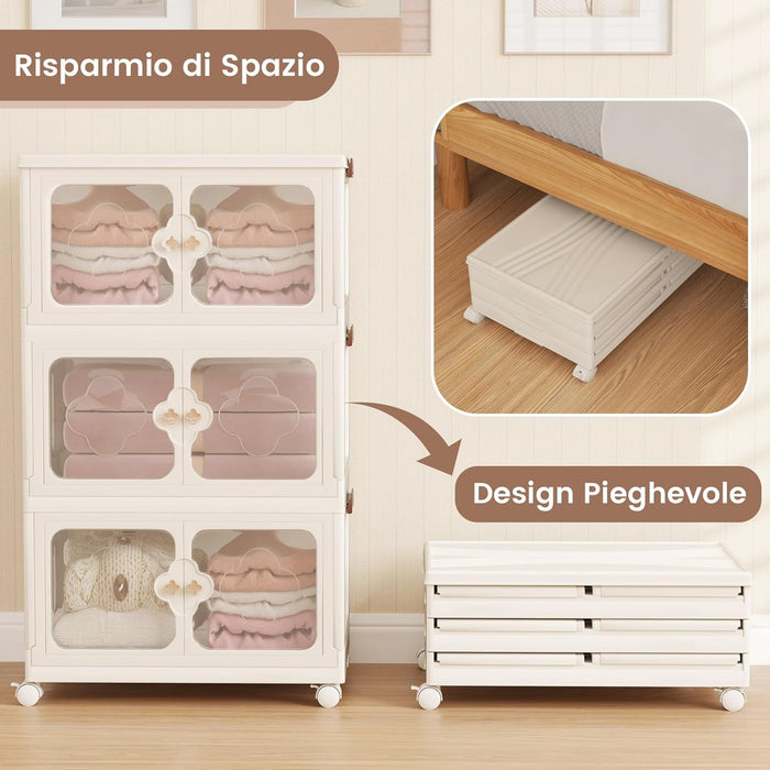 Scatole Immagazzinaggio Impilabili e Pieghevole con Ruote, Armadietto a 3 Ripiani con Ante e Coperchio, Contenitore Trasparente per Camera da Letto e Soggiorno, Bianco (59,5 x 35,5 x 99 cm)