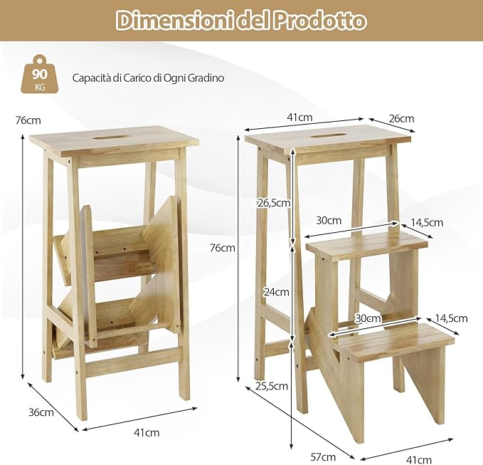 Scaletta Pieghevole, 3 in 1 Scaletta e Sgabello in Legno Multifunzione, 3 Gradini, Reversibili Impugnatura, Portatile e Leggera, Ideale per Studio Soggiorno (Naturale)