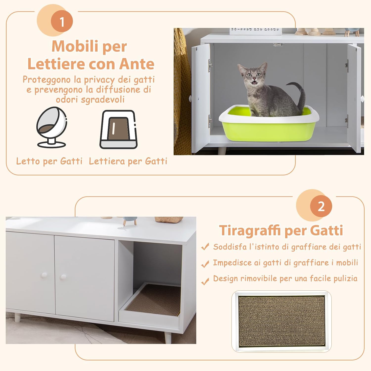 Mobile per Lettiera per Gatti 90 x 50 x 50 cm, Cassetta Igienica per Gatti con Doppia Anta, Divisore, Ingresso Avvolgibile, Tiragraffi e Gambe di Metallo Solido (Bianco)