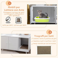 Mobile per Lettiera per Gatti 90 x 50 x 50 cm, Cassetta Igienica per Gatti con Doppia Anta, Divisore, Ingresso Avvolgibile, Tiragraffi e Gambe di Metallo Solido (Bianco)