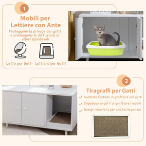 Mobile per Lettiera per Gatti 90 x 50 x 50 cm, Cassetta Igienica per Gatti con Doppia Anta, Divisore, Ingresso Avvolgibile, Tiragraffi e Gambe di Metallo Solido (Bianco)
