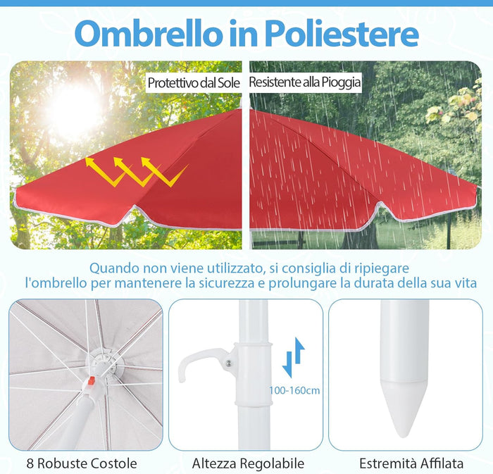 Tavolo da Picnic per Bambini con 8 Posti 125 × 125 × 100-160 cm, Tavolino Bambini in HDPE con Ombrellone Regolabile e Pieghevole, Struttura in Metallo e 4 Panchine (tavolo blu)