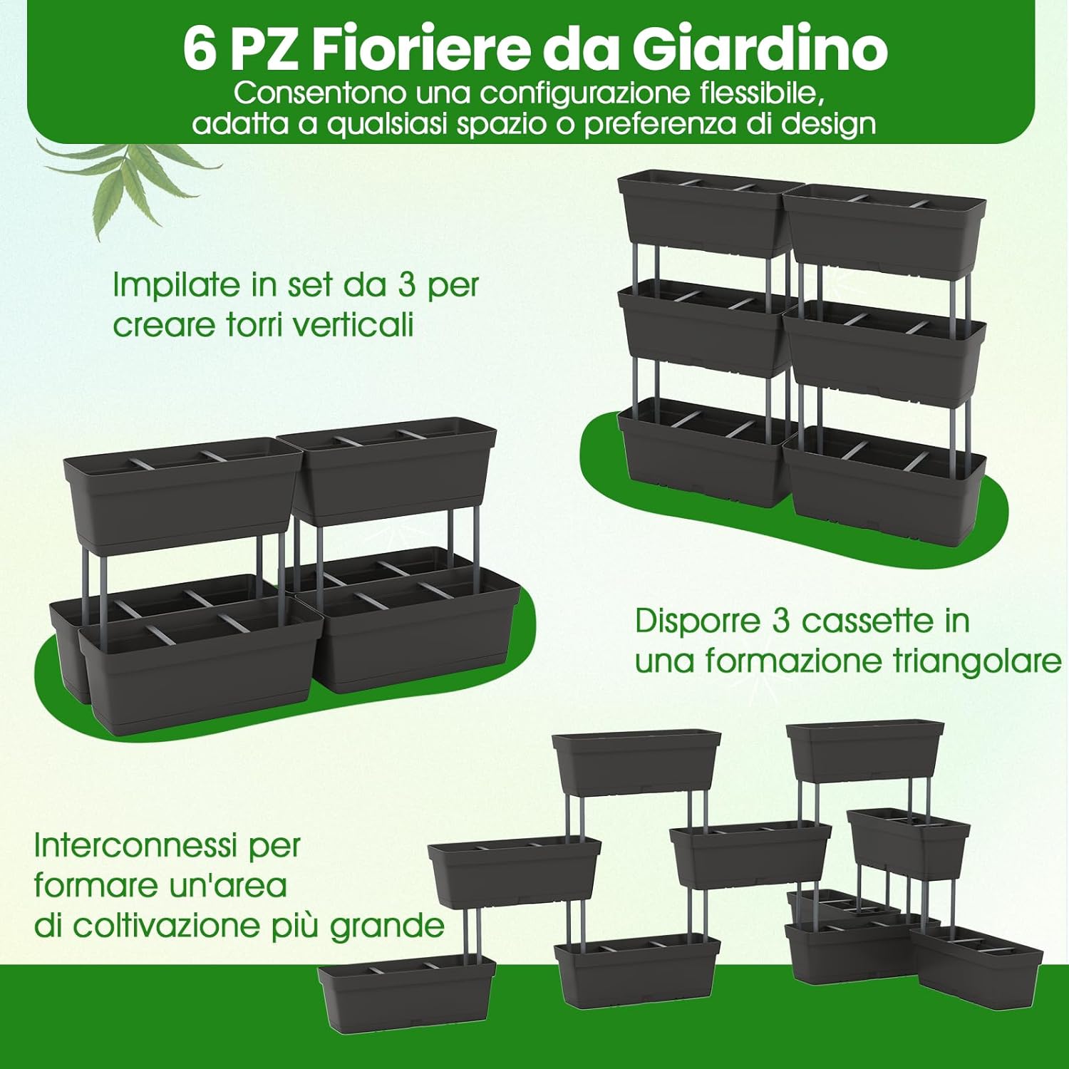 Letto Verticale Rialzato, 6 PZ Fioriere da Giardino per Verdure, Erbe e Fiori, Fioriere Elevate per Interni ed Esterni per Patio, Giardino e Balcone (Nero)