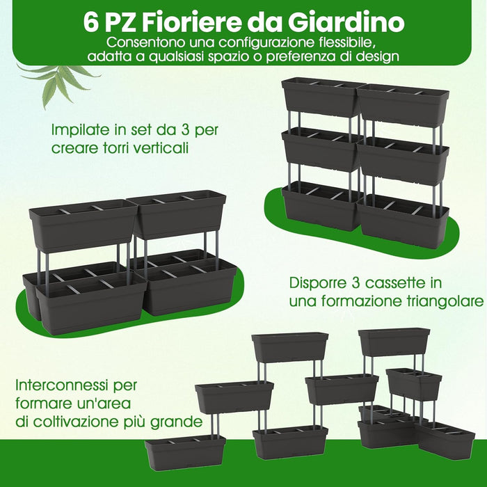 Letto Verticale Rialzato, 6 PZ Fioriere da Giardino per Verdure, Erbe e Fiori, Fioriere Elevate per Interni ed Esterni per Patio, Giardino e Balcone (Nero)