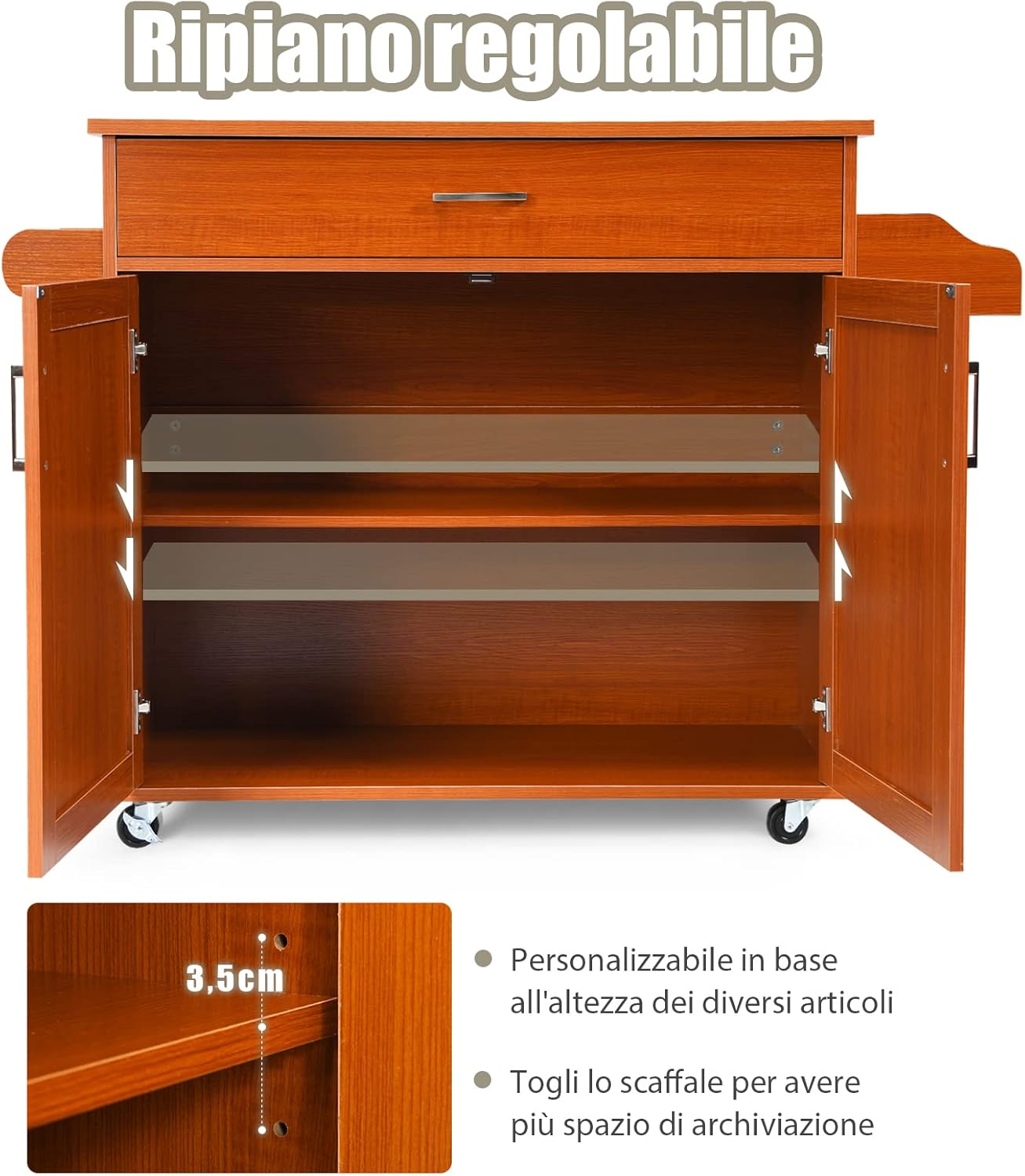 Carrello da Cucina con Ruote di Gomma, Scaffale per Microonde Carrello Servizio, Credenza Cucina Legno Moderno Elegante, 116 x 37 x 85 cm (Marrone)