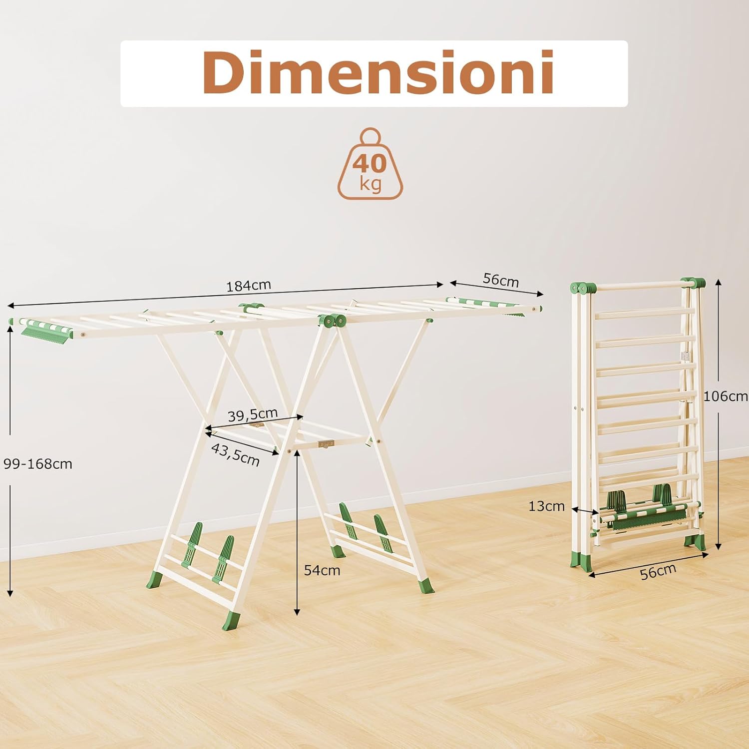 Stendibiancheria con 20 Barre, Stendino Pieghevole in Metallo Regolabili in Altezza, Clips per Calzini, Supporto per Abbigliamento Autoposante a Ali per Interno Esterno (Beige)