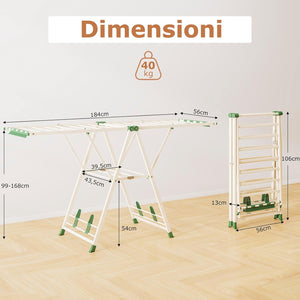 Stendibiancheria con 20 Barre, Stendino Pieghevole in Metallo Regolabili in Altezza, Clips per Calzini, Supporto per Abbigliamento Autoposante a Ali per Interno Esterno (Beige)