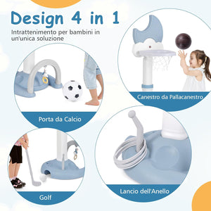 4 in 1 Canestro da Basket per Bambini, Centro di Attività Sportiva Regolabile con Basket Calcio Golf e Gioco del Lancio dell'Anello, per Interno ed Esterno, 3 Anni+ (Blu)