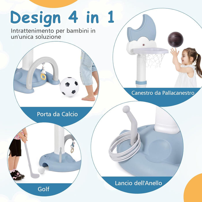 4 in 1 Canestro da Basket per Bambini, Centro di Attività Sportiva Regolabile con Basket Calcio Golf e Gioco del Lancio dell'Anello, per Interno ed Esterno, 3 Anni+ (Blu)