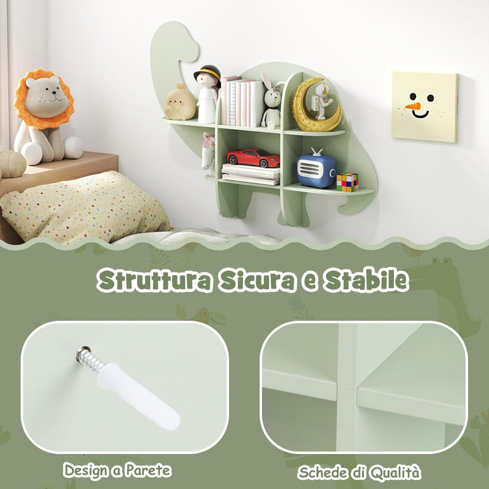 Libreria da Parete per Bambini a Forma di Dinosauro, Mensola a 2 Ripiani in Legno da Appendere, Scaffale da Parete per Camera dei Bambini Camera da Gioco Asilo, 105,5x16x78,5 cm