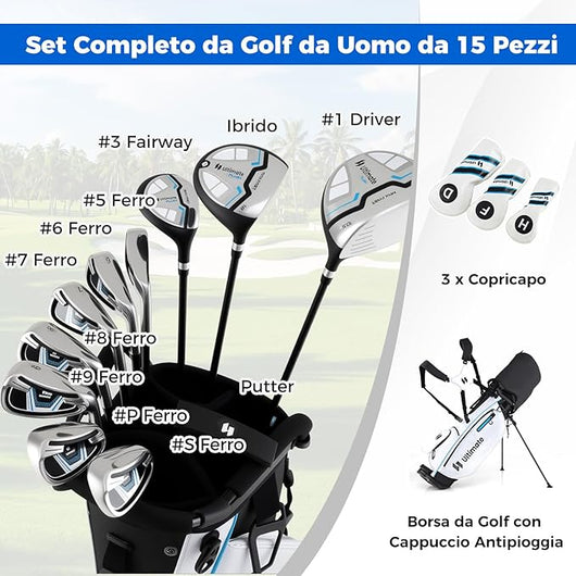 Set Completo di Mazze da Golf con Sacca a Treppiede, Include con Driver 1 da 460CC, Legno 3, Ibrido, Ferri 5, 6, 7, 8, 9, P, S, Putter e Copertura Antipioggia per Destrimani